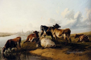  Cooper Pintura - La iglesia Meadows animales de granja ganado Thomas Sidney Cooper